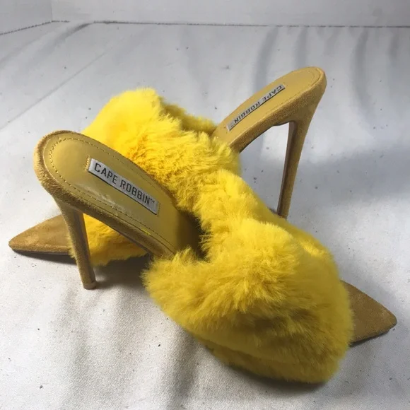 Cape Robbin Women’s Sexy Yellow Faux Fur and Suede 4 1/2 Inch Slip On Stilettos